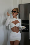 White Slinky Twist Detail Keyhole Crop Top & Mini Skirt