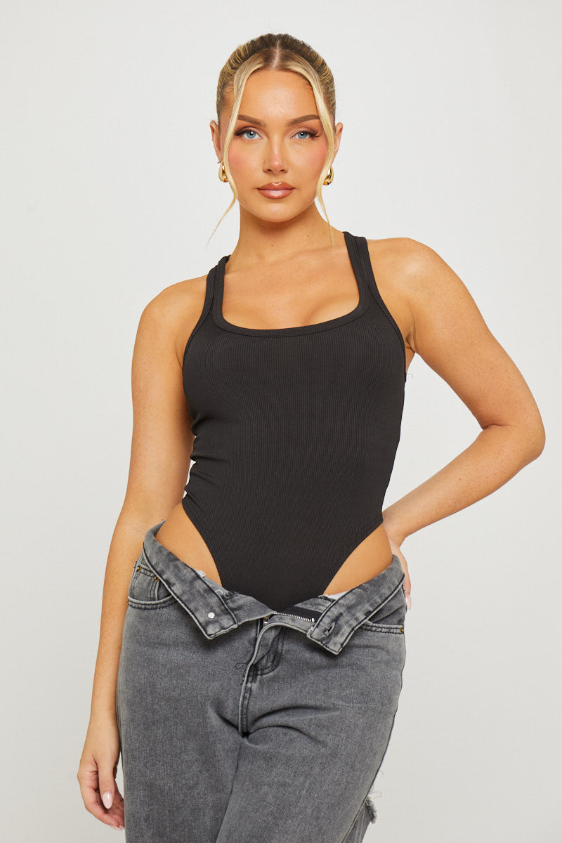 Black Ribbed Racer Back High Leg Bodysuit