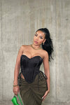 Black Satin Boned Bustier Lace Up Corset Crop Top