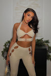 Beige Diamante Cut Out Crop Top & Leggings Co-Ord