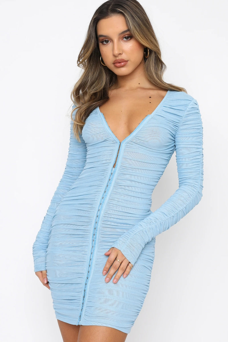Blue Mesh Ruched Long Sleeve Mini Dress