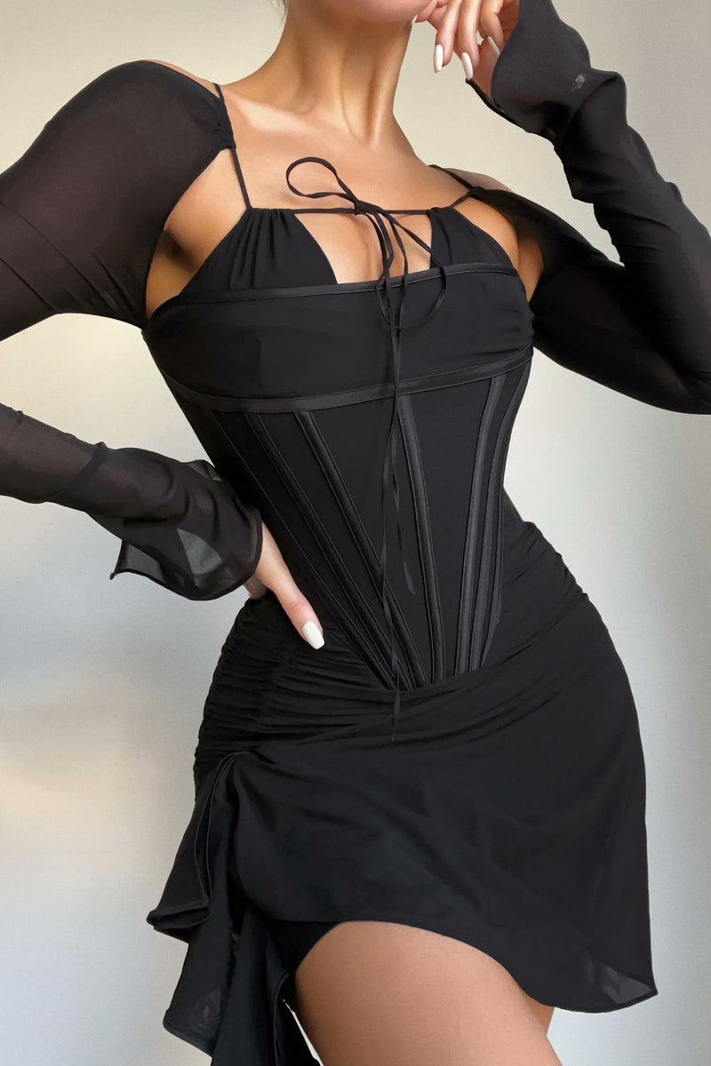 Black Mesh Corset Detail Ruched Mini Dress