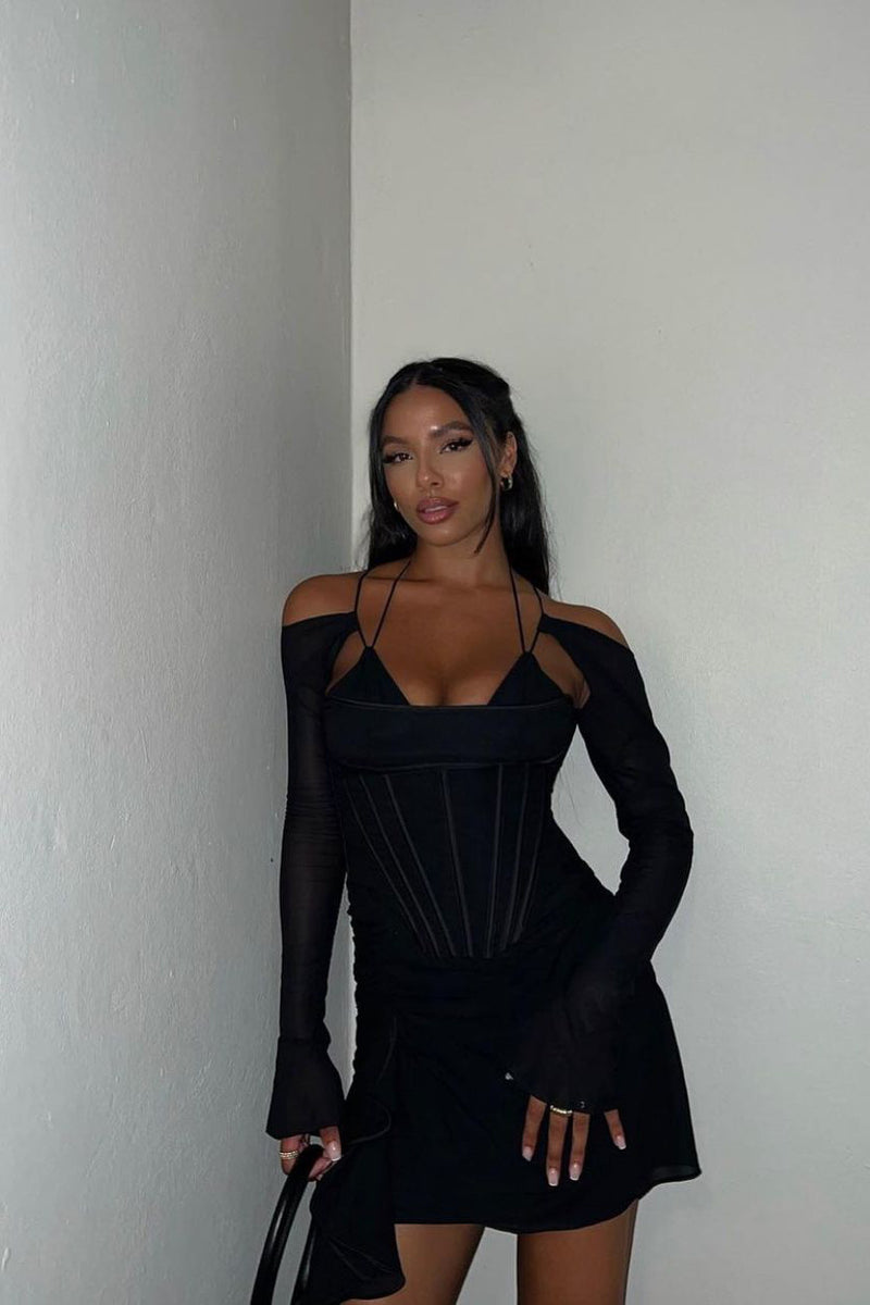 Black Mesh Corset Detail Ruched Mini Dress