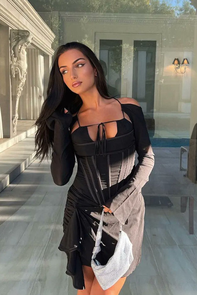 Black Mesh Corset Detail Ruched Mini Dress