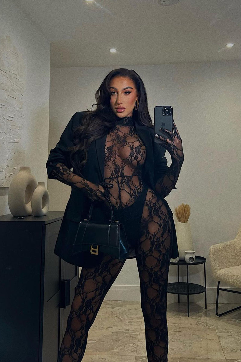 Black Lace High Neck Long Sleeve Glove Jumpsuit