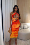 Orange Ombre Print Halterneck Cut Out Midi Dress