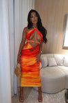 Orange Ombre Print Halterneck Cut Out Midi Dress