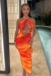 Orange Ombre Print Halterneck Cut Out Midi Dress