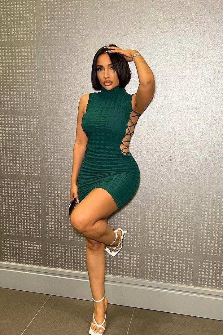 Green Stacked Side Lace Sleeveless Mini Dress