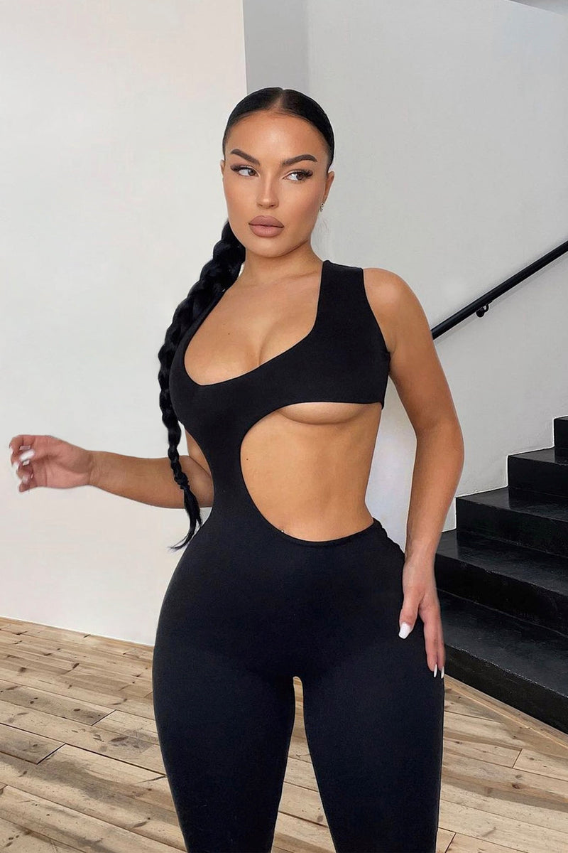 Black Cut Out Asymmetric Sleeveless Jumpsuit