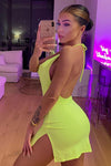 Neon Yellow Satin Halterneck Open Back Mini Dress
