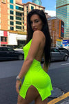 Neon Yellow Satin Halterneck Open Back Mini Dress