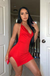 Red Satin Halterneck Open Back Mini Dress