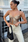 Brown Tiger Print Sheer Lace Trim Crop Top