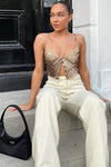 Brown Tiger Print Sheer Lace Trim Crop Top