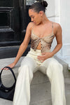 Brown Tiger Print Sheer Lace Trim Crop Top