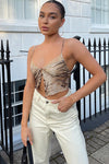 Brown Tiger Print Sheer Lace Trim Crop Top