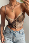 Brown Tiger Print Sheer Lace Trim Crop Top