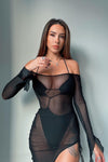 Black Sheer Mesh Overlay Drawstring Mini Dress