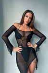 Black Sheer Mesh Overlay Drawstring Mini Dress