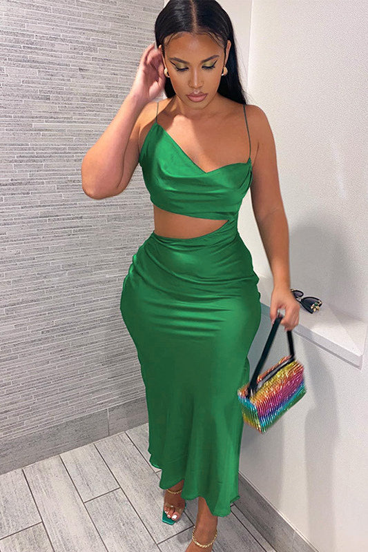 Green Satin Cut Out Asymmetric Maxi Dress