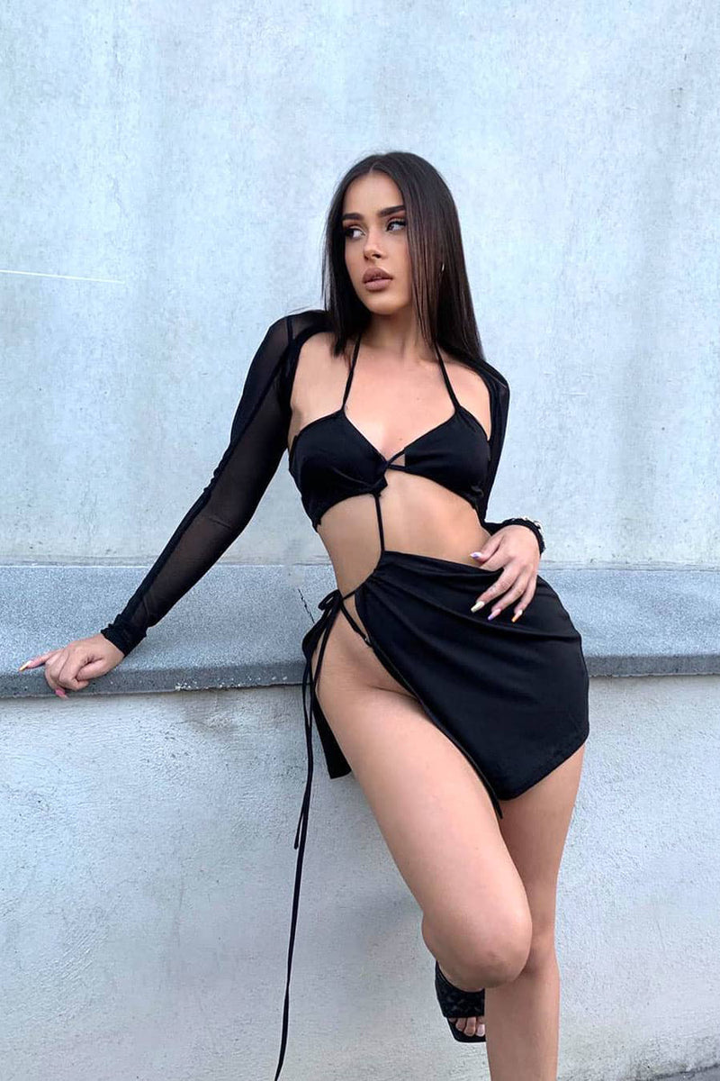 Black Cut Out Tie Detail Bodycon Mini Dress