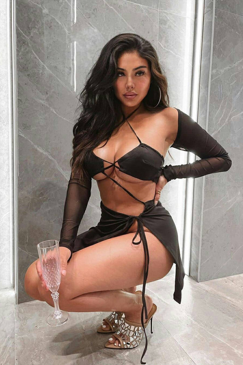 Black Cut Out Tie Detail Bodycon Mini Dress