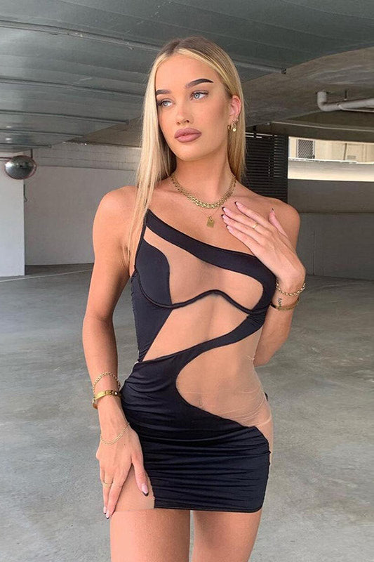 Black One Shoulder Mesh Cut Out Mini Dress