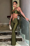 Olive Halter Tie Detail Crop Top & Flare Trousers Set