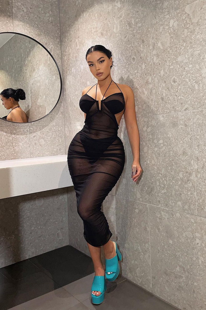 Black Sheer Mesh Ruched Halter Midi Dress
