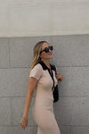 Beige Contrast Collar Ribbed Knit Midi Dress