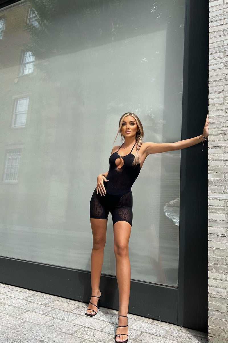 Black Mesh Zebra Detail Halter Playsuit
