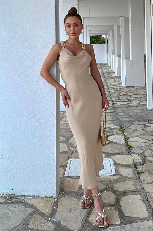 Beige Satin Chain Link Slip Maxi Dress