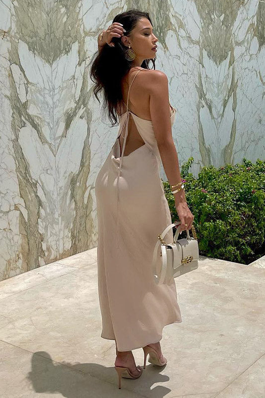 Beige Satin Chain Link Slip Maxi Dress