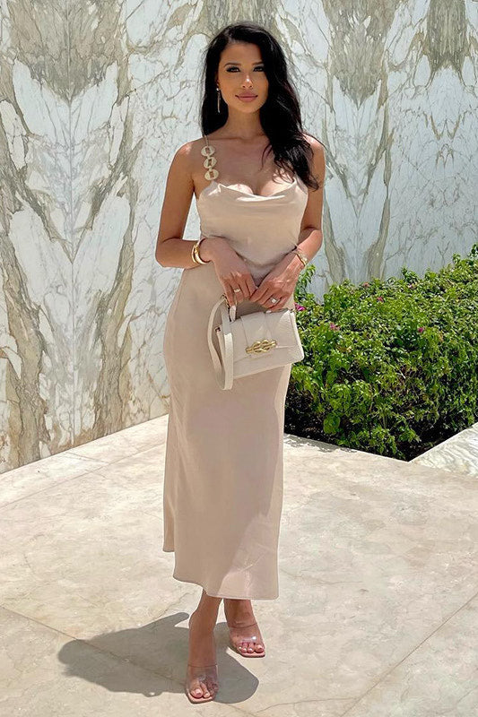 Beige Satin Chain Link Slip Maxi Dress