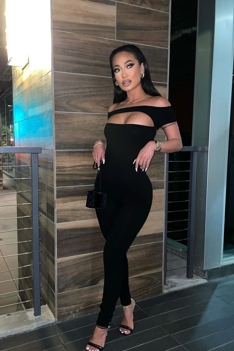 Black Off Shoulder Cut Out Detail Jumpsuit