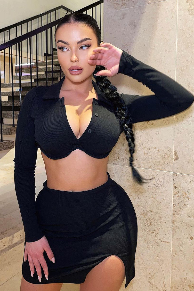 Black Ribbed Underwired Crop Top & Mini Skirt Co-Ord