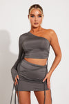 Grey Asymmetric Drawstring One Shoulder Top & Mini Skirt