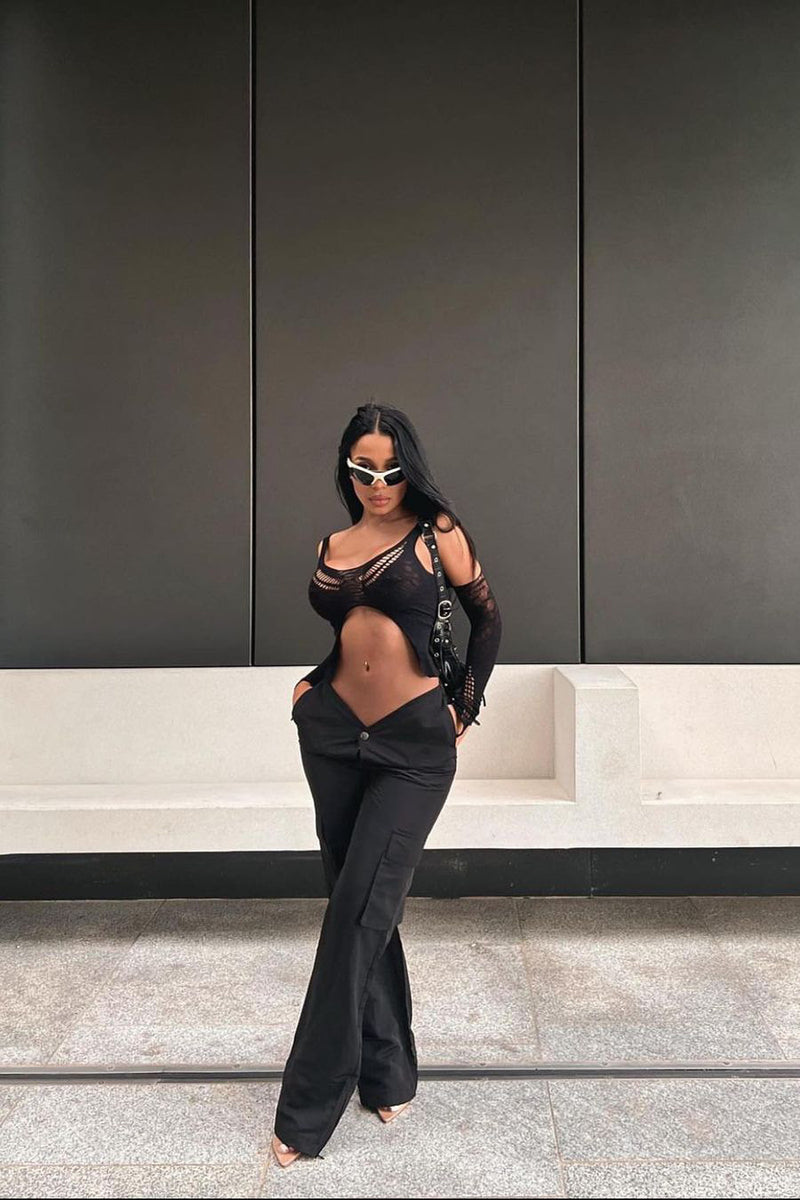 Black Mesh Zebra Detail Cut Out Crop Top