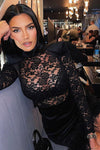 Black Lace High Neck Velvet Detail Mini Dress