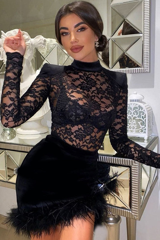 Black Lace High Neck Velvet Detail Mini Dress