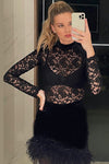 Black Lace High Neck Velvet Detail Mini Dress