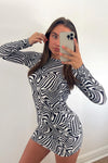 Black Swirl Print Open Back Mini Dress