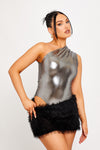 Black Metallic One Shoulder Bodysuit & Mini Skirt Co-Ord