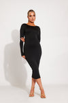 Black Scoop Neck Backless Long Sleeve Midi Dress
