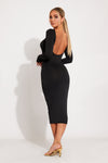 Black Scoop Neck Backless Long Sleeve Midi Dress