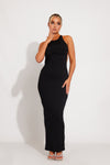 Black Ribbed High Neck Cross Back Maxi Dress