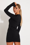 Black Ribbed Lace Up Long Sleeve Mini Dress