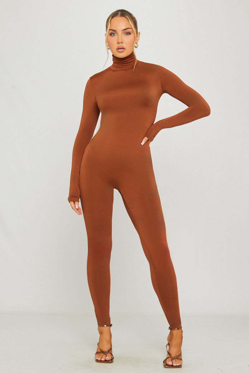 Brown Turtleneck Long Sleeve Jumpsuit