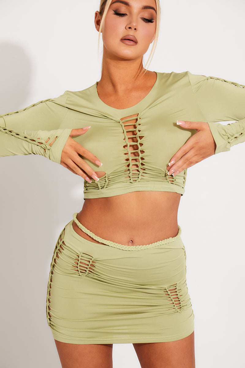 Green Braid Cut Out Detail Crop Top & Mini Skirt